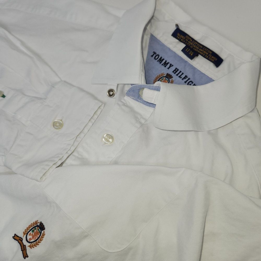 Tommy Hilfiger Shirt Long Sleeve Mens 17-34‎ White Solid Button Up Crest Logo